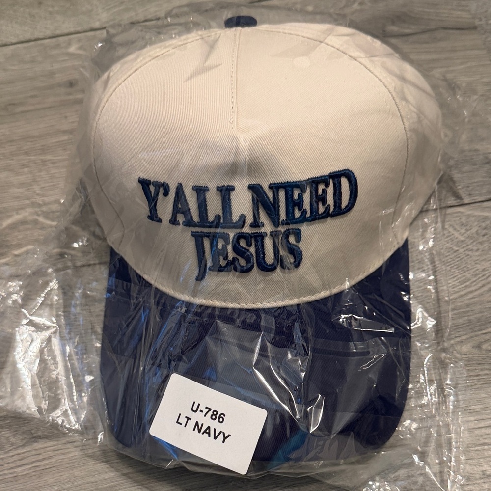 Yall Need Jesus Cream and Navy Strapback Hat Cap with Gold Buckle